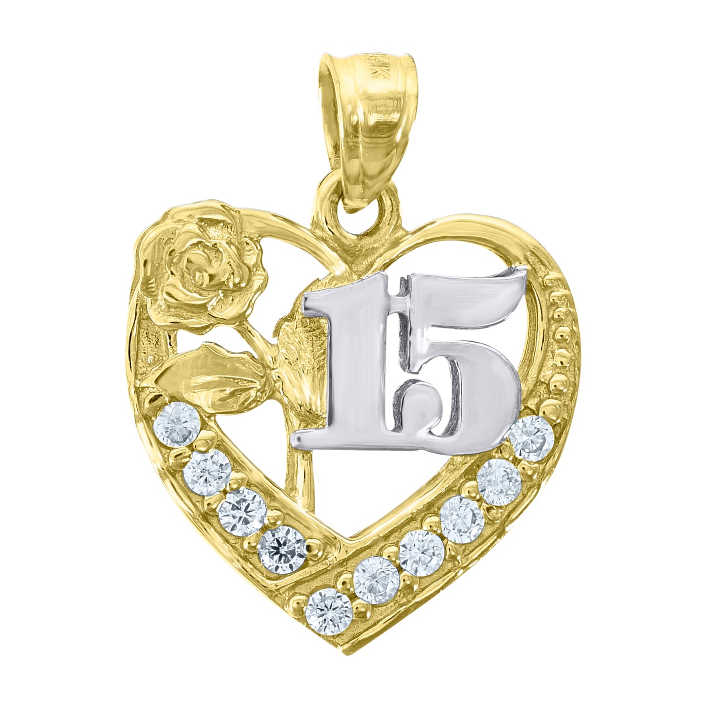 14K Gold Womens Two-Tone Cubic-Zirconia 15 Anos Heart Quinceanera Ht:20.1Mm Pendant Charm
