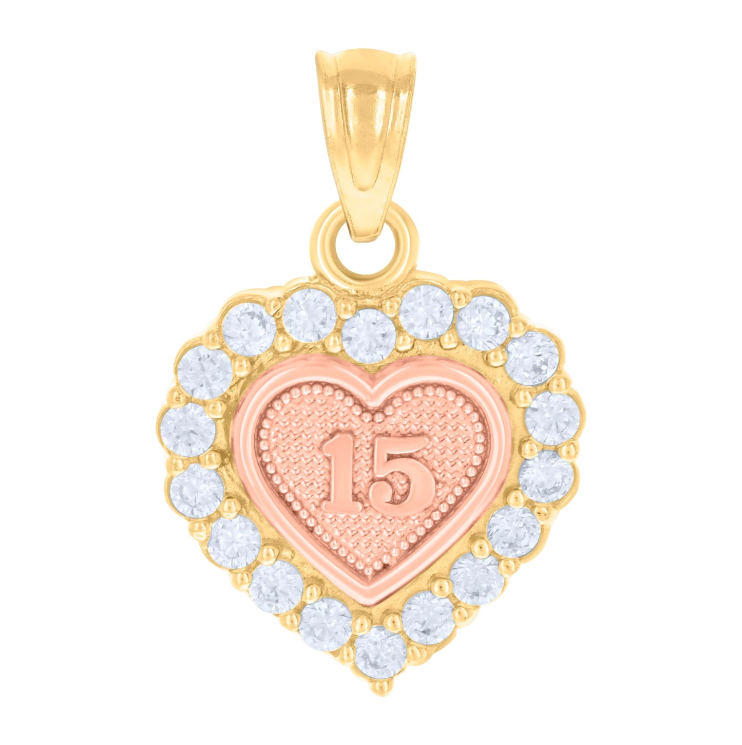 14K Gold Womens Tri-Color Cubic-Zirconia 15 Anos Heart Quinceanera Ht:18.1Mm Pendant Charm