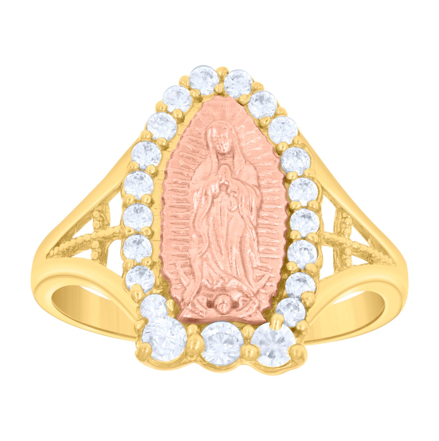 14K Tri-Color Gold Womens Cubic Zirconia Lady Of Guadalupe Religious Ring