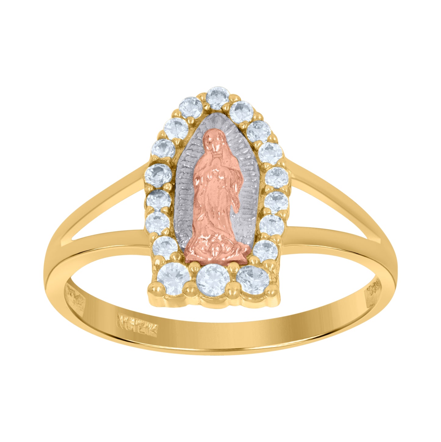 14K Tri-Color Gold Womens Cubic Zirconia Lady Of Guadalupe Religious Ring