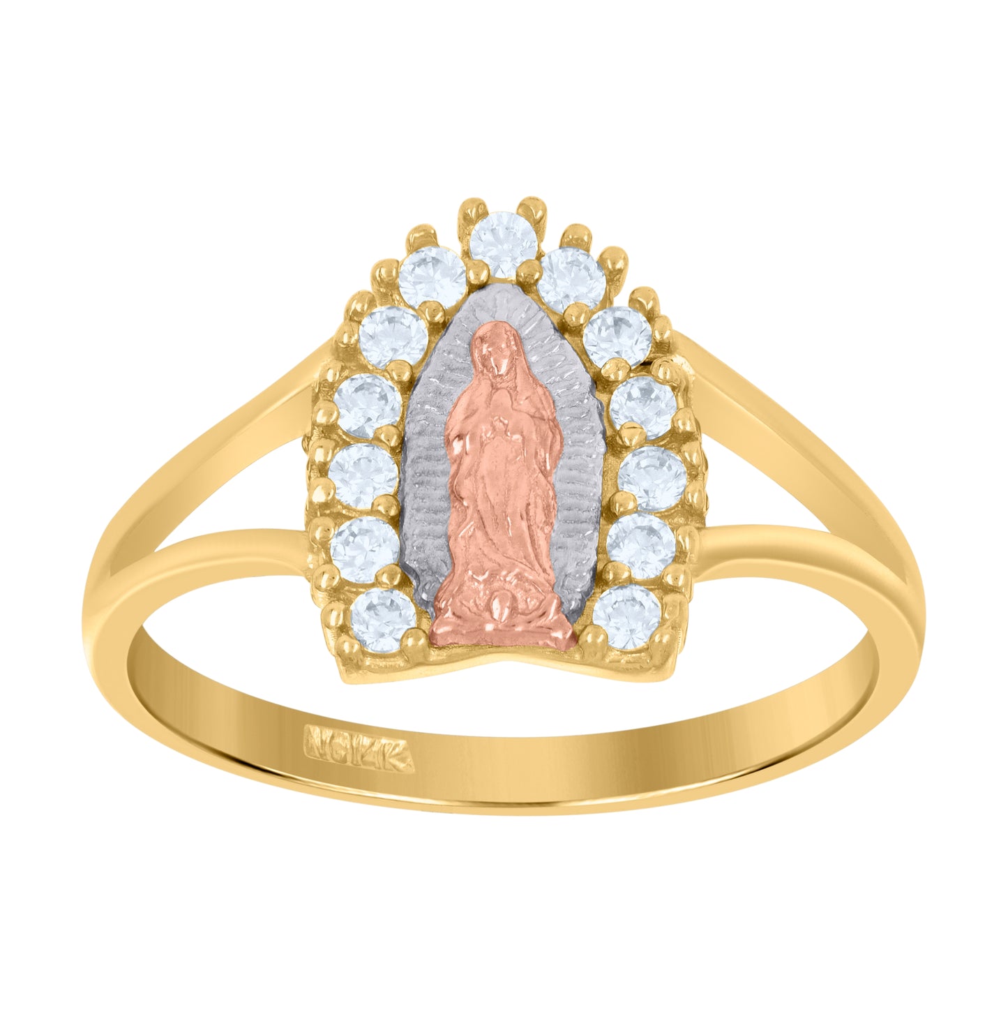 14K Gold Womens Tri-Color Cubic-Zirconia Guadalupe Mary Size 7 Religious Ring Band