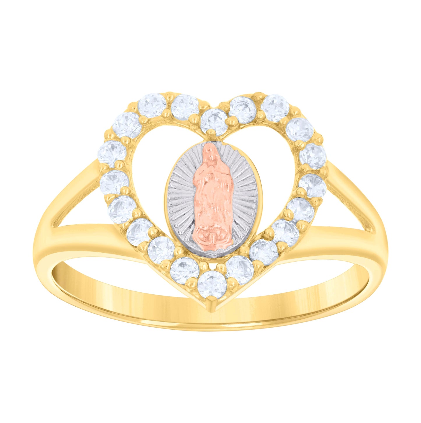 14K Gold Womens Tri-Color Cubic-Zirconia Guadalupe Mary Heart Size 7 Religious Ring Band