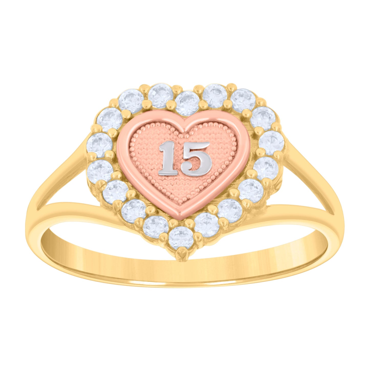 14K Tri-color Gold Womens Cubic-Zirconia Sweet 15 Heart Quinceanera Ring