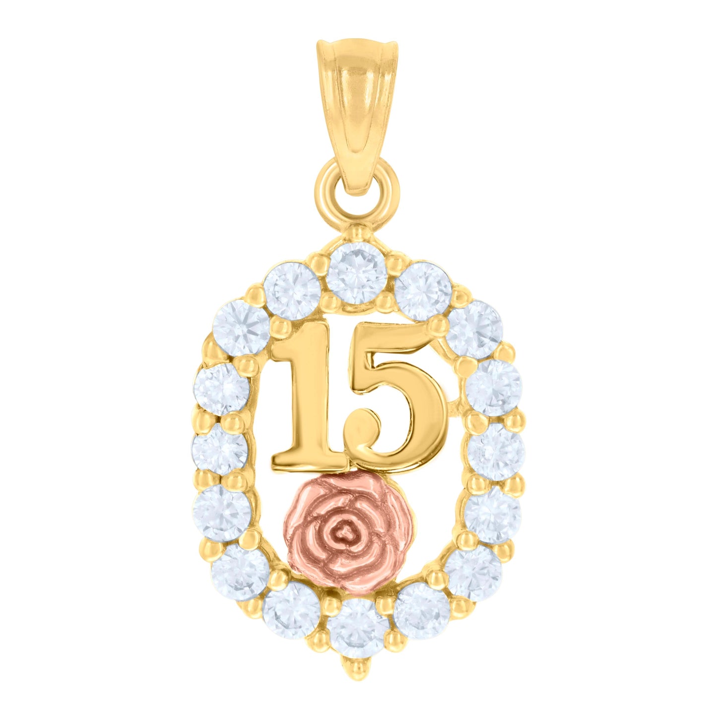14K Gold Womens Tri-Color Cubic-Zirconia 15 Anos Flower Oval Quinceanera Ht:24.6Mm Pendant Charm