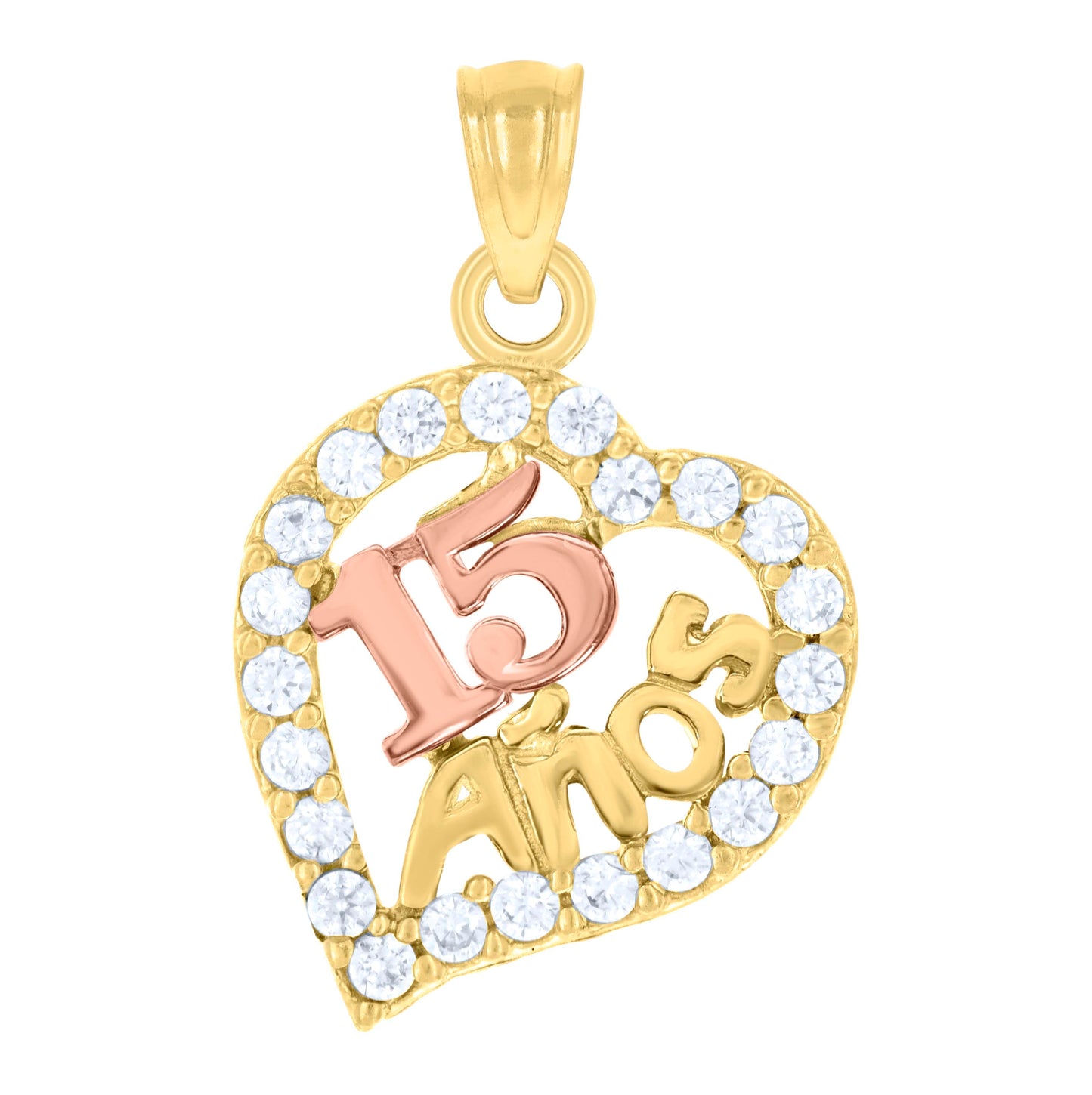 14K Gold Womens Tri-Color Cubic-Zirconia 15 Anos Heart Quinceanera Ht:21.4Mm Pendant Charm