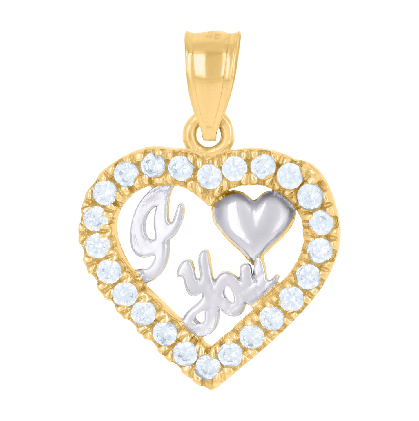 14K Gold Womens Two-Tone Diamond-Cut I Love You Ht:19.3Mm Heart Pendant Charm