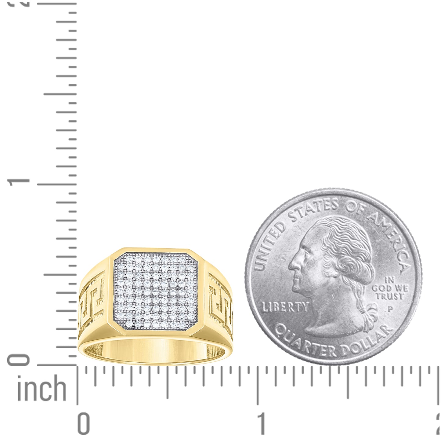 14K Gold Mens Two-Tone Cubic-Zirconia Greek Key Engraved Side Bands Square Head Ring Band
