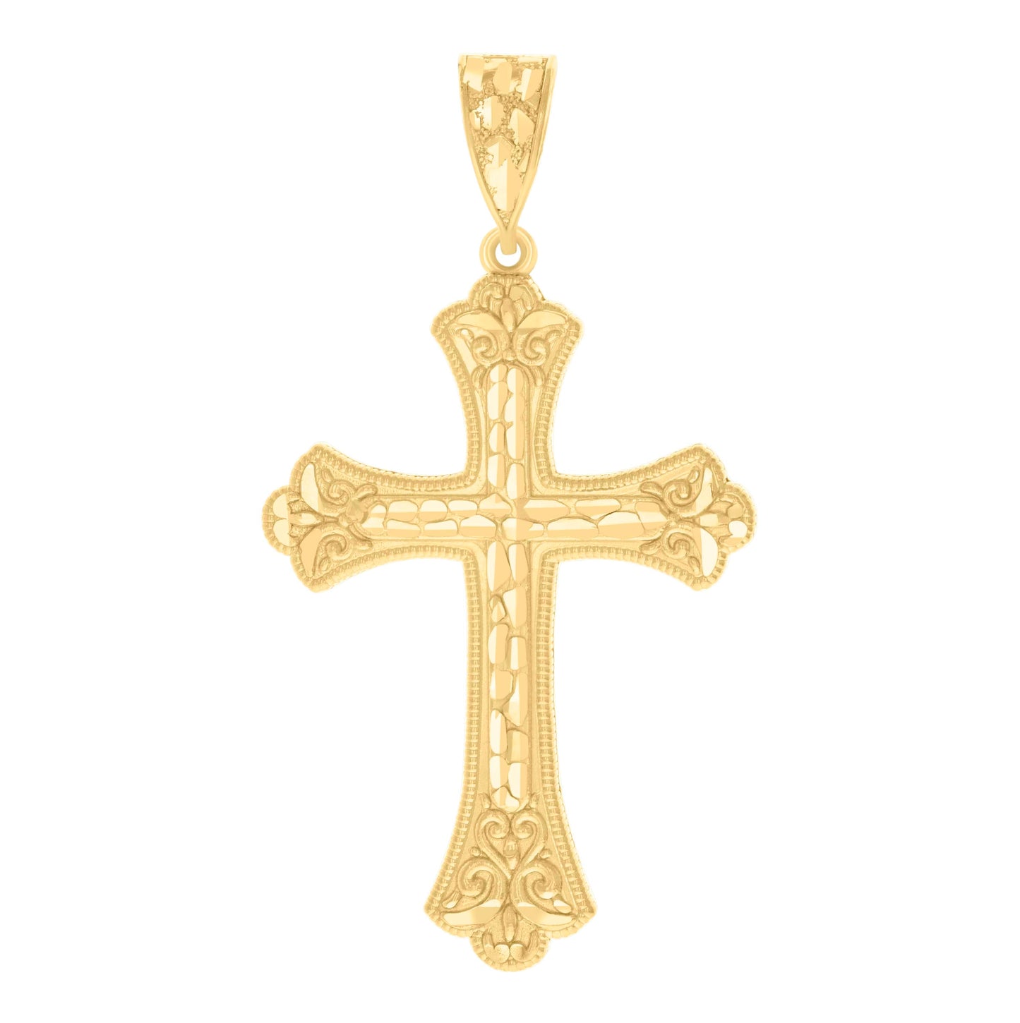 14K Yellow Gold Womens Diamond-Cut Nugget Budded Cross Ht:61.5Mm Religious Pendant Charm