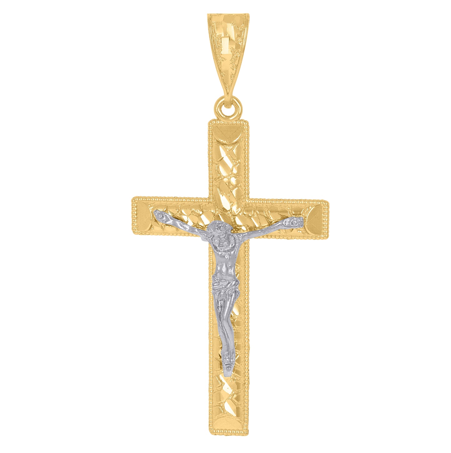 14K Gold Womens Two-Tone Diamond-Cut Nugget Cross Crucifix Jesus Ht:66.9Mm Pendant Charm