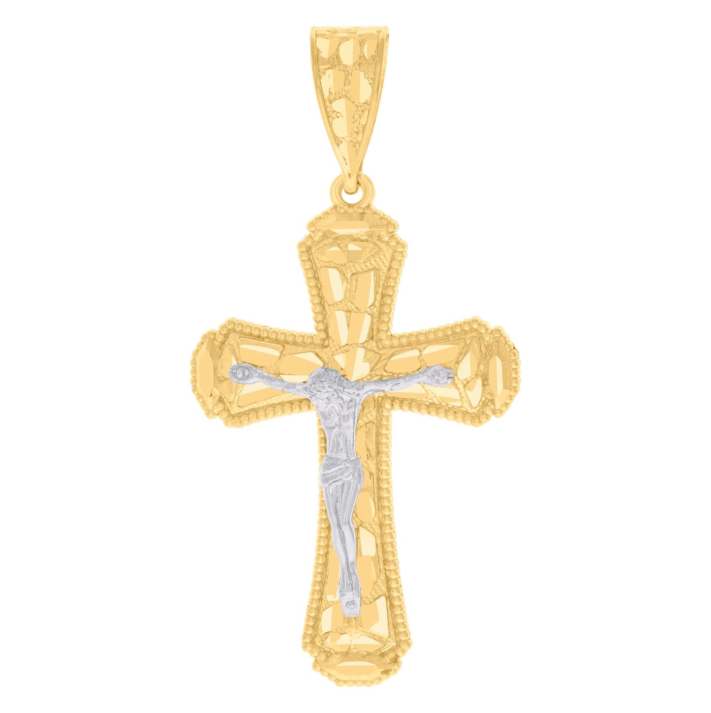 14K Gold Womens Two-Tone Diamond-Cut Nugget Cross Crucifix Jesus Ht:54.6Mm Pendant Charm