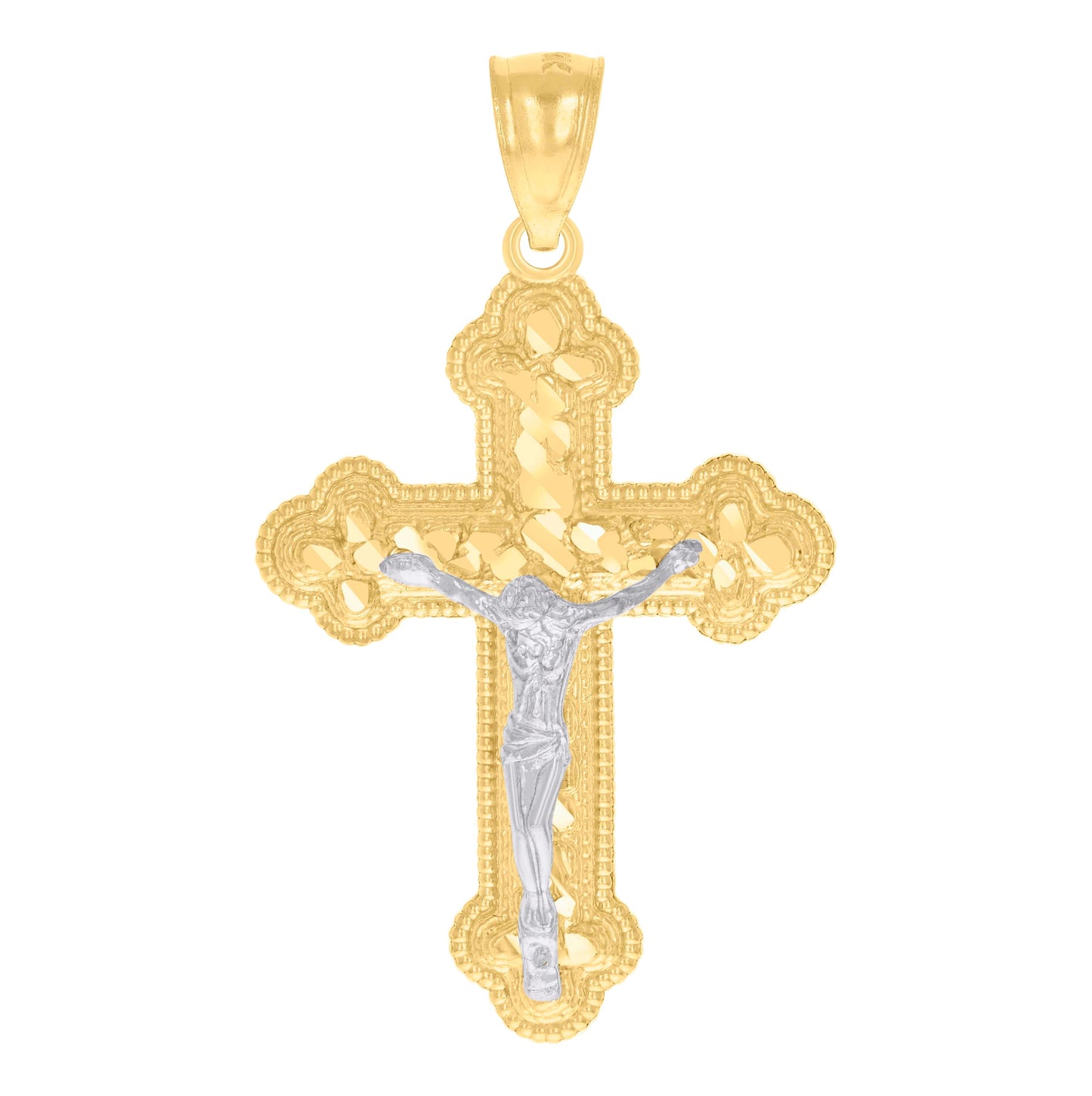 14K Gold Womens Two-Tone Diamond-Cut Nugget Cross Crucifix Jesus Ht:39.8Mm Pendant Charm