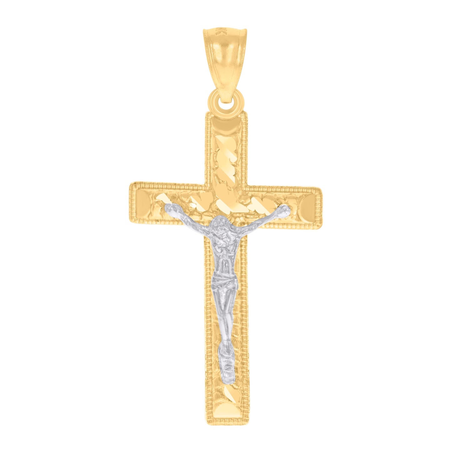 14K Gold Womens Two-Tone Diamond-Cut Nugget Cross Crucifix Jesus Ht:41Mm Pendant Charm