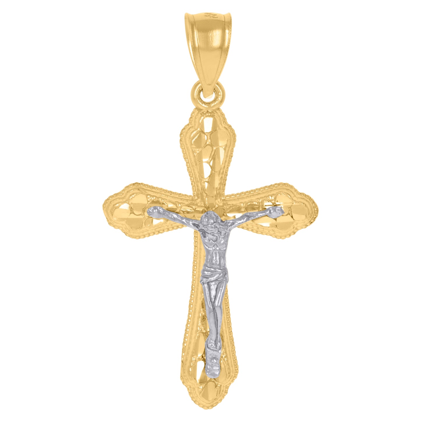 14K Gold Womens Two-Tone Diamond-Cut Nugget Cross Crucifix Jesus Ht:40Mm Pendant Charm