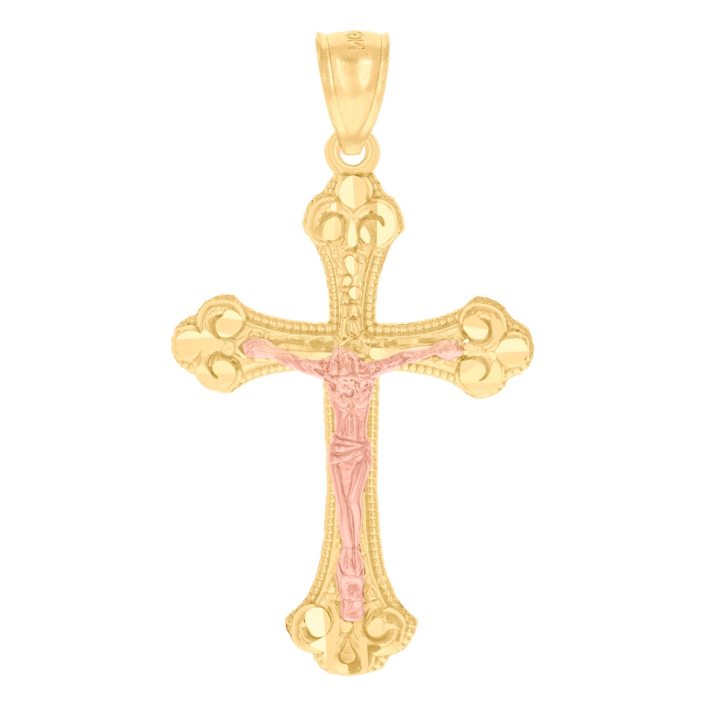 14K Gold Unisex Two-Tone Diamond-Cut Cross Crucifix Jesus Ht:40.9Mm Pendant Charm