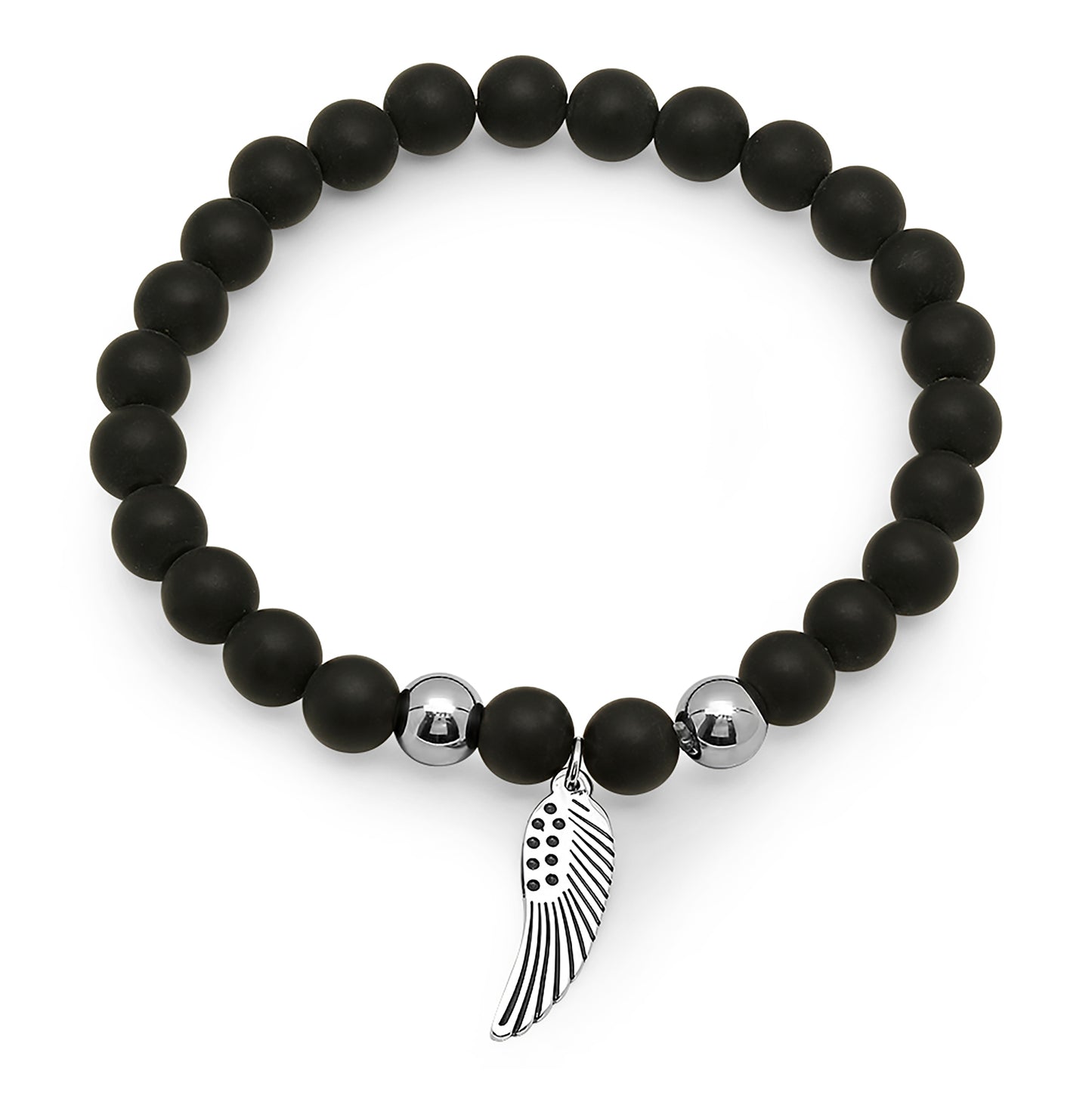 Stainless Steel Unisex Black Beads Angel Wing Religious Stretchable Bracelet