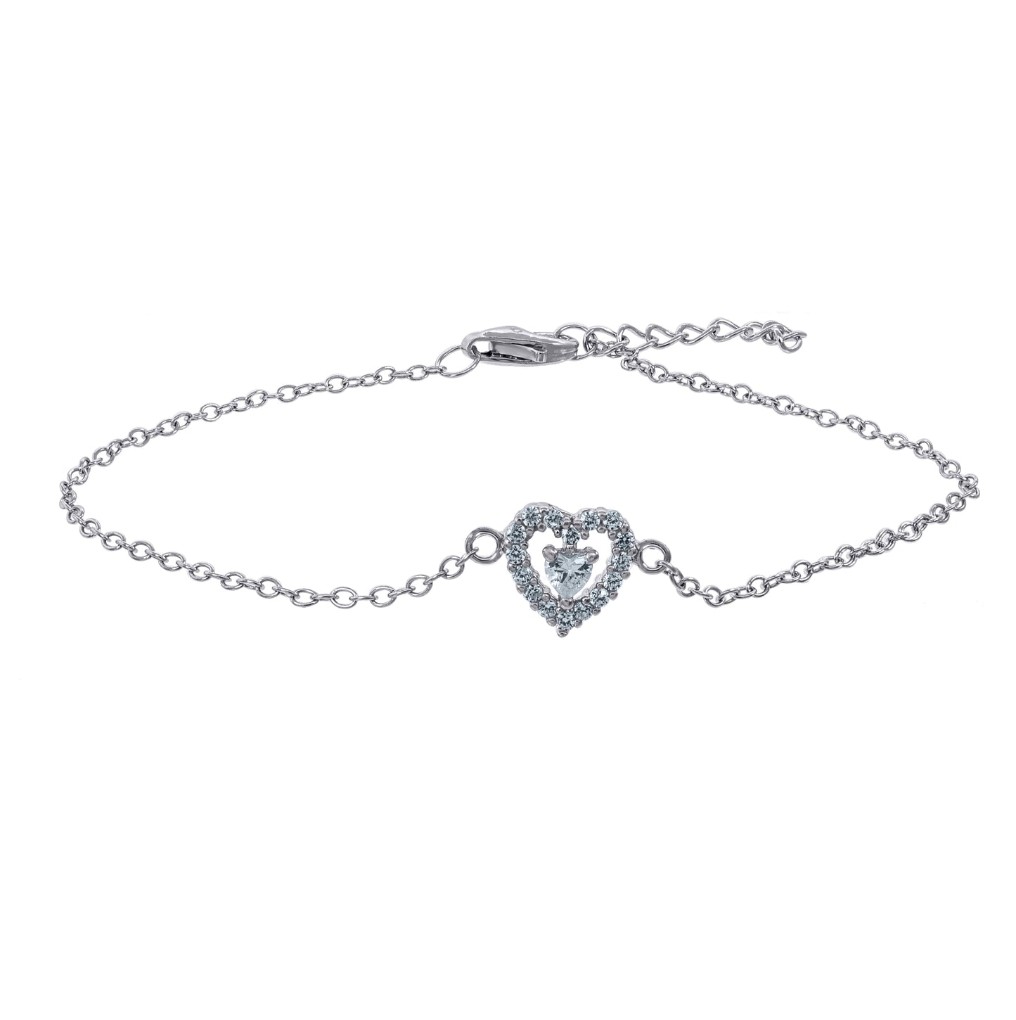 Sterling Silver Women Cubic Zirconia Heart Stud Earrings Necklace Bracelet Set