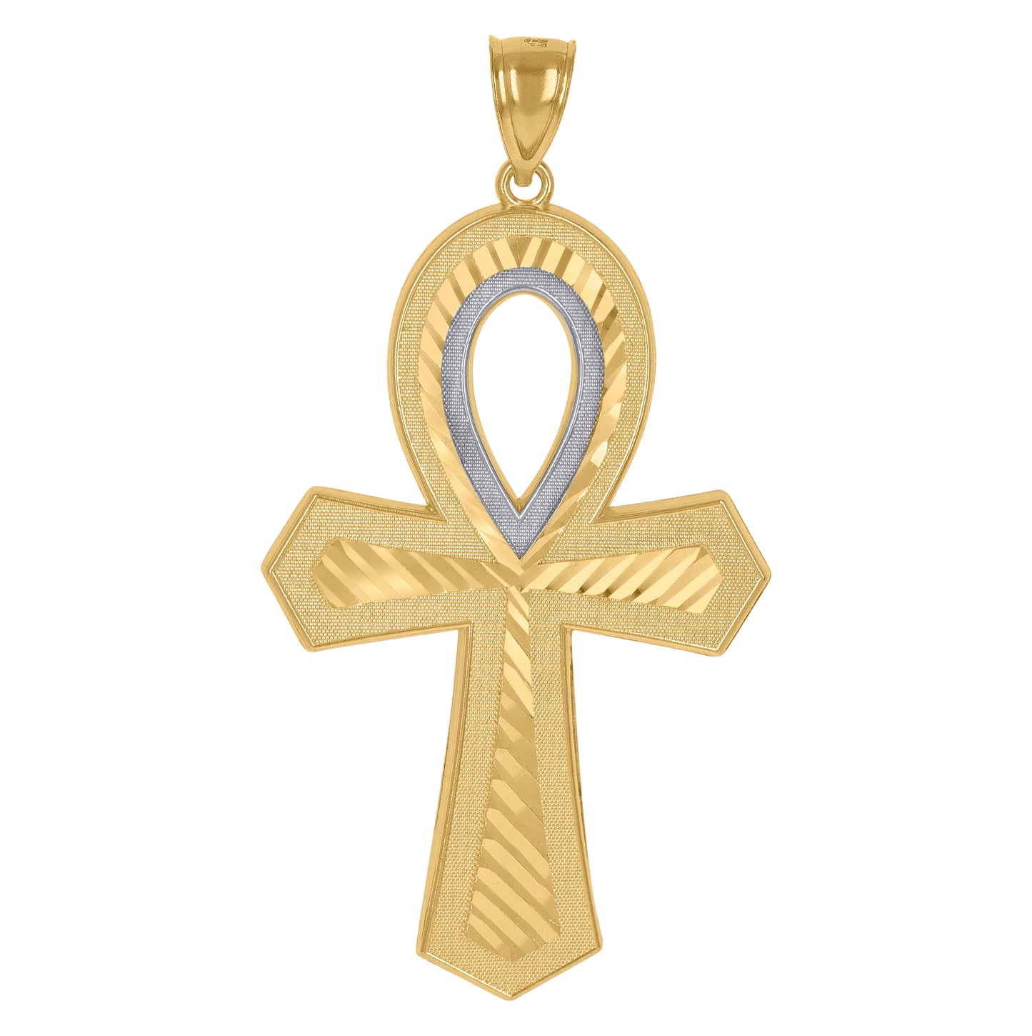 10K Two-Tone Gold Mens Women Diamond-Cut Ankh Cross Religious Charm Pendant