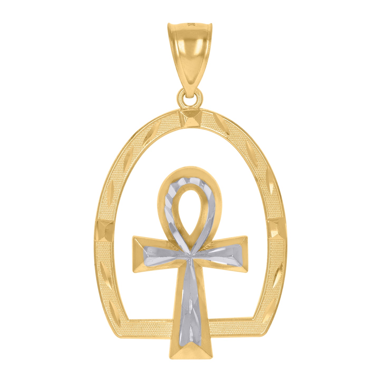 10K Two-Tone Gold Mens Women Diamond-Cut Ankh Cross Religious Charm Pendant