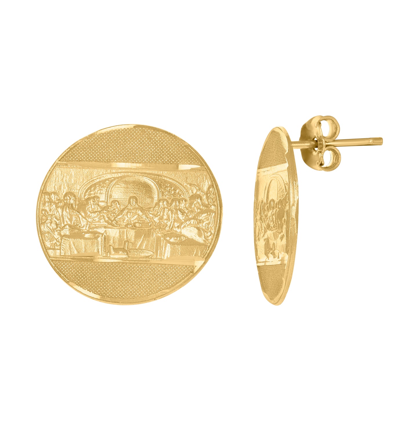 10K Yellow Gold Textured Mens Last Supper 16mm Religious Push Back Studs