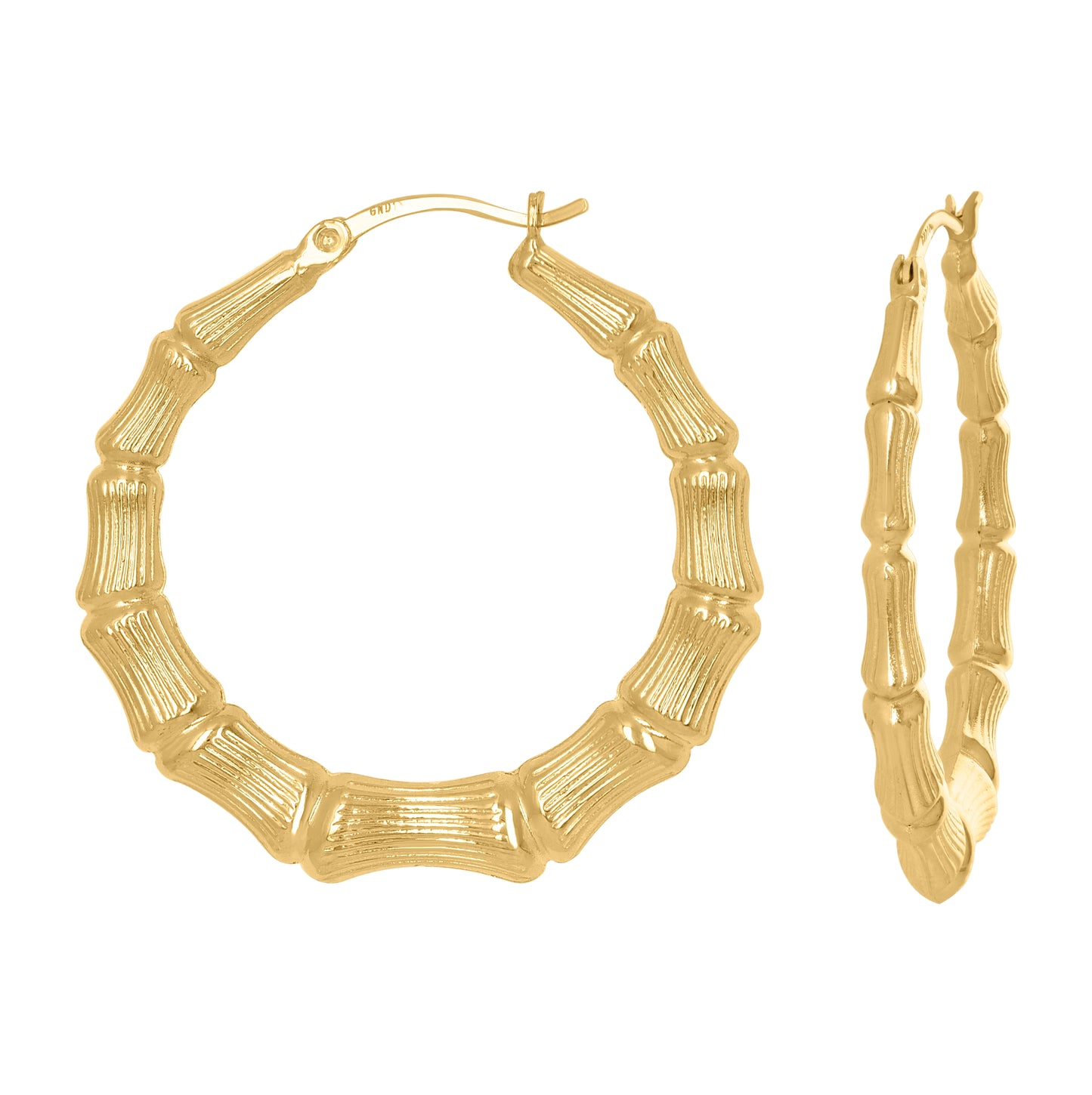 10K Yellow Gold Womens Textured Bamboo Hoop Earrings