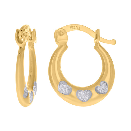 10K Gold Two-Tone Womens Heart 14mm X16.5mm Hinged Hoops Huggies