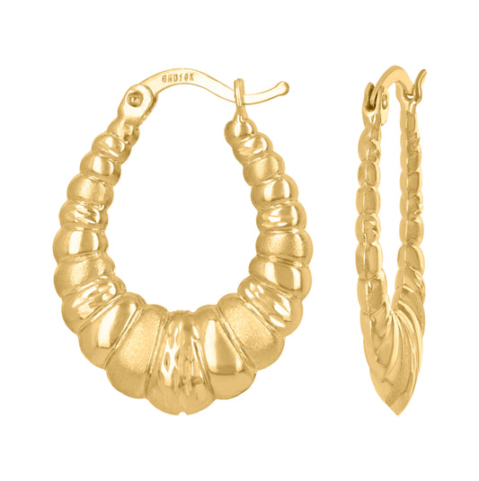 10K Yellow Gold Womens Brushed Ribbed Oval Hoop Earrings