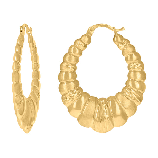10K Yellow Gold Brushed Womens Scalloped 30.1mm Hinged Hoops Huggies