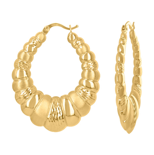 10K Yellow Gold Brushed Womens Scalloped 36.4mm Hinged Hoops Huggies