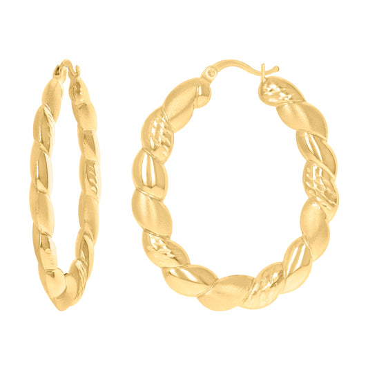 10K Yellow Gold Womens Brushed Twisted Oval Hoop Earrings