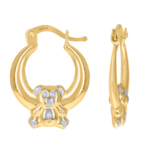 10K Two-Tone Gold Womens Teddy Bear Hoop Earrings
