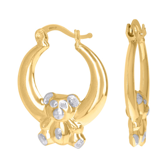 10K Two-Tone Gold Womens Teddy Bear Hoop Earrings