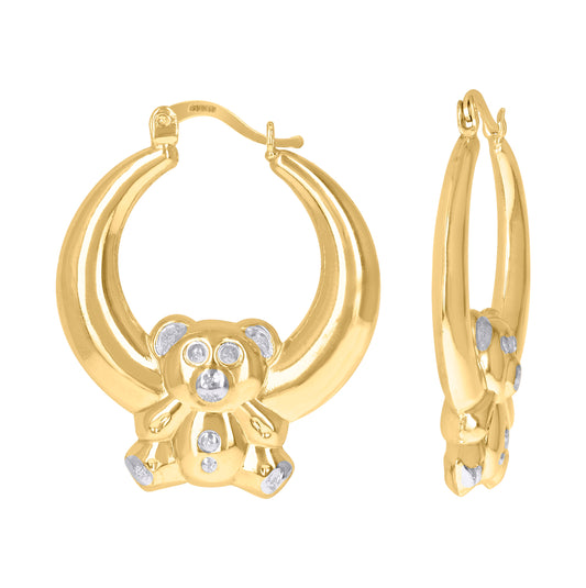 10K Gold Two-Tone Womens Teddy Bear 29.1mm Hinged Hoops Huggies