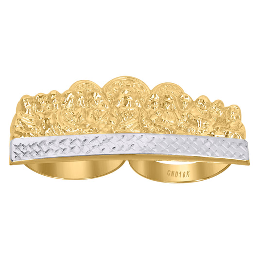 10K Two-Tone Gold Mens Diamond Cut Last Supper Two Finger Religious Ring