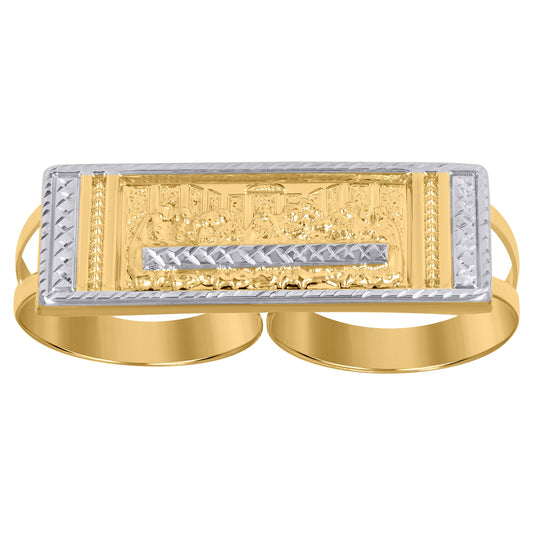 10K Two-Tone Gold Mens Diamond Cut Last Supper Two Finger Religious Ring