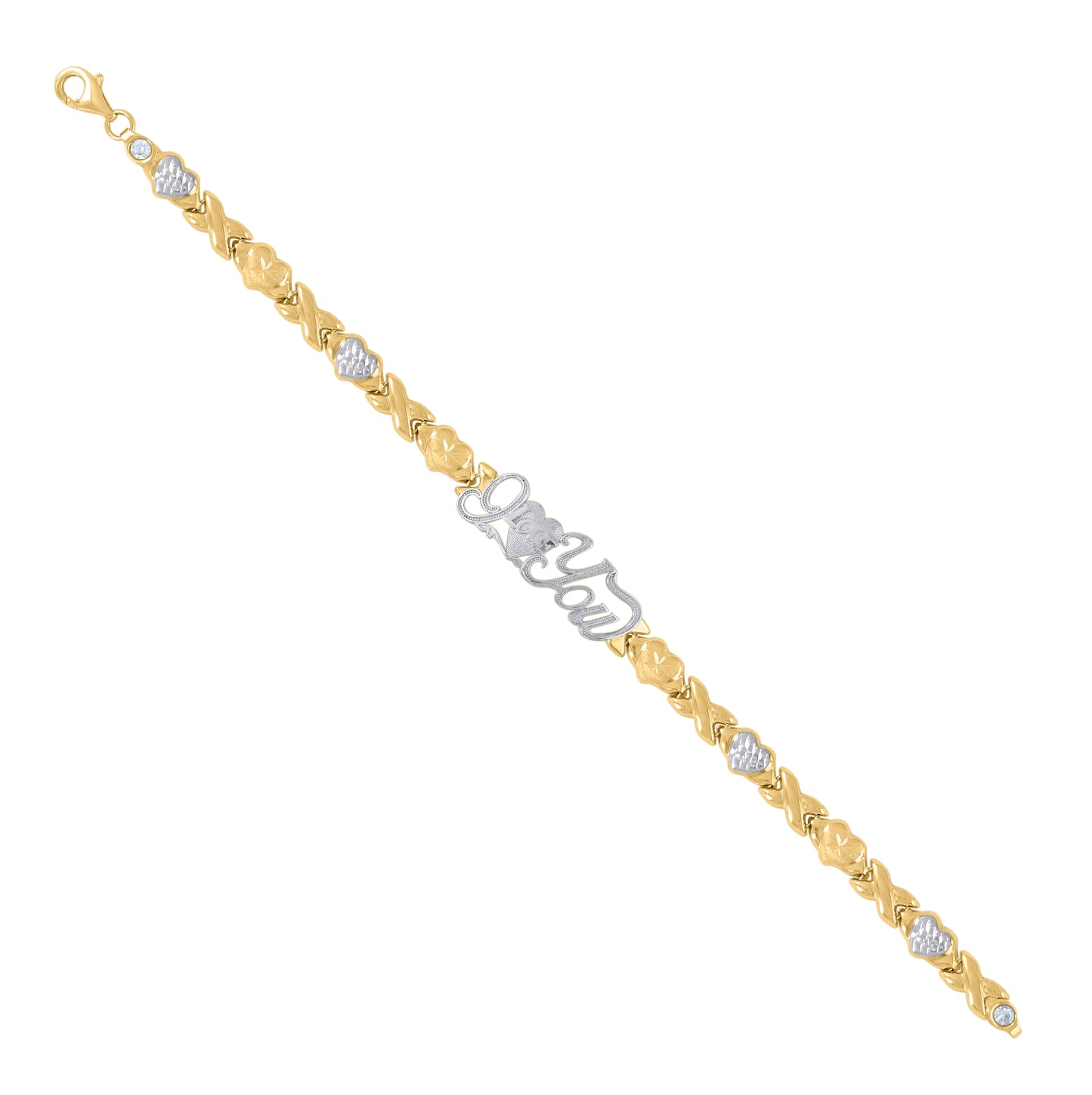 10K Two-tone Gold Womens I LOVE YOU Heart Link 8" Bracelet