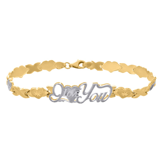10K Two-tone Gold Womens I LOVE YOU Heart Link 8" Bracelet