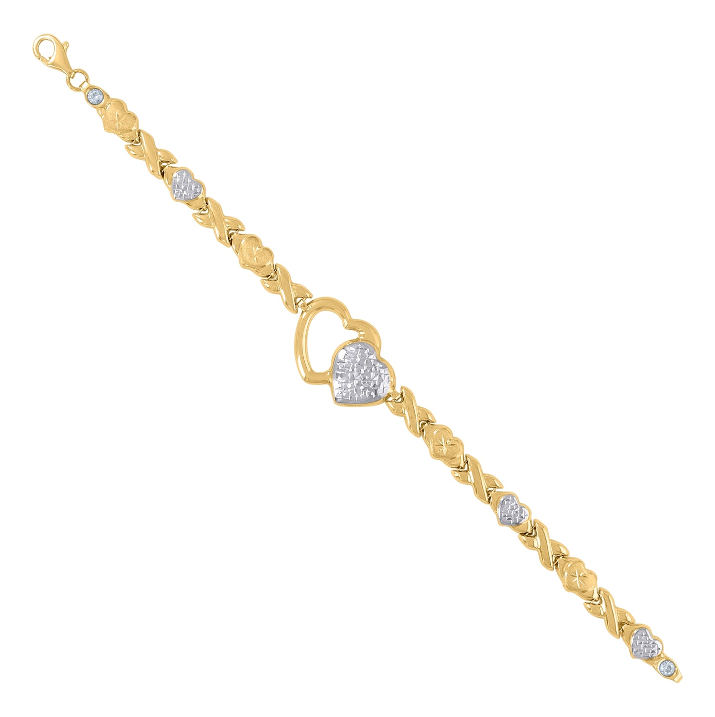 10K Two-Tone Gold Womens Stampato Double Heart Charm Bracelet 7 Inches
