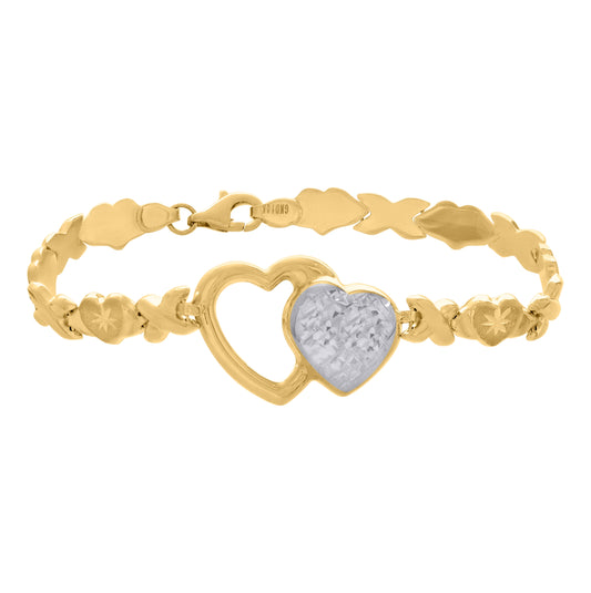 10K Two-Tone Gold Womens Stampato Double Heart Charm Bracelet 7 Inches
