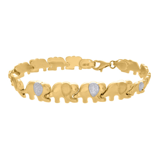 10K Two-tone Gold Womens Elephant Good Luck Link 7" Bracelet