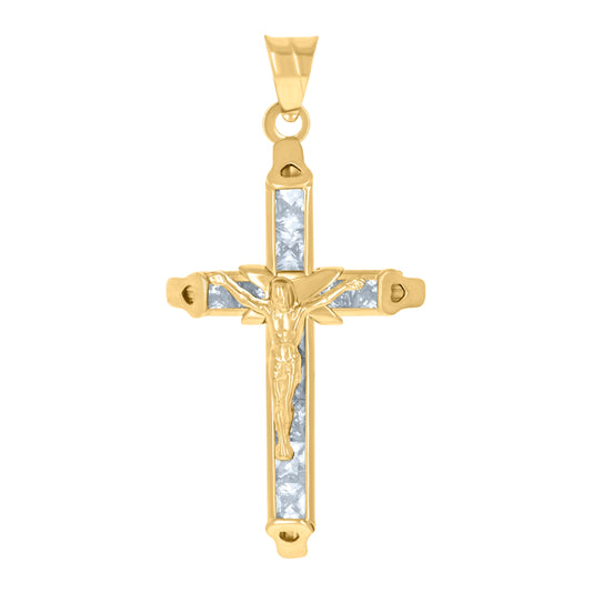 10K Yellow Gold Mens Women Princess Cut Cubic Zirconia Cubic-Zirconia Crucifix Cross Religious Charm Pendant