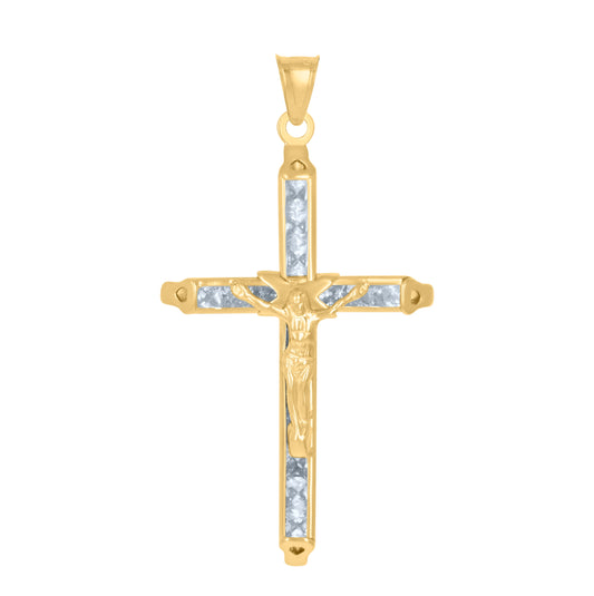 10K Yellow Gold Mens Women Princess Cut Cubic Zirconia Cubic-Zirconia Crucifix Cross Religious Charm Pendant