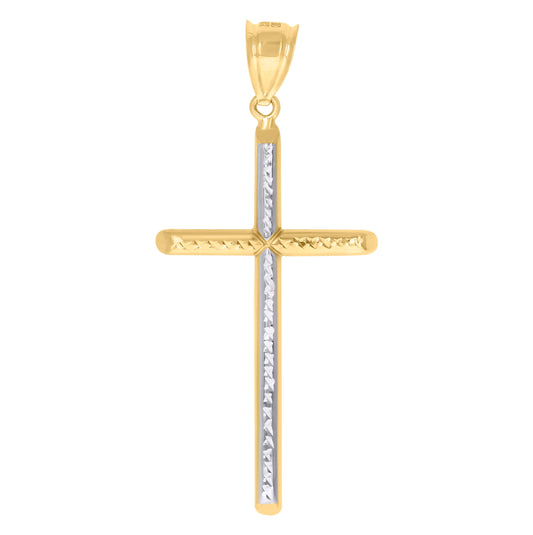 10K Gold Two-Tone Diamond-Cut Mens Cross Religious Charm Pendant