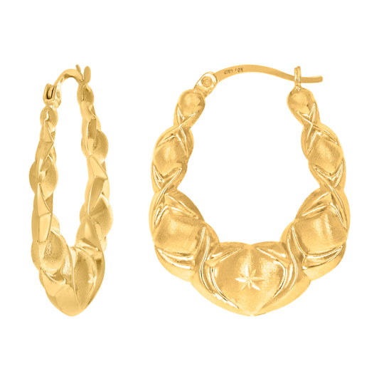 10K Yellow Gold Diamond Cut Brushed Womens Xo Hugs & Kisses 28mm Hinged Hoops Huggies