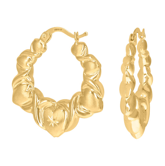10K Yellow Gold Diamond Cut Brushed Womens Xo Hugs & Kisses 29mm Hinged Hoops Huggies