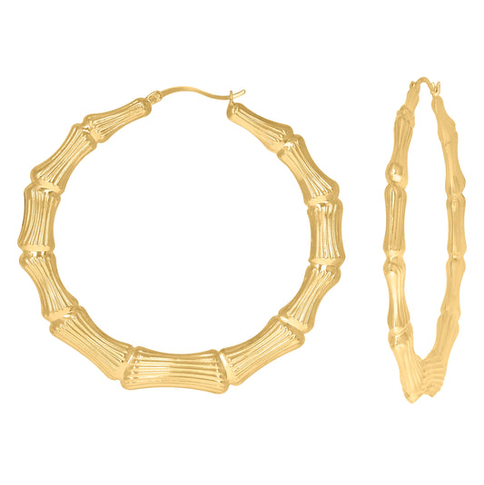 10K Yellow Gold Womens Bamboo Hoop Earrings
