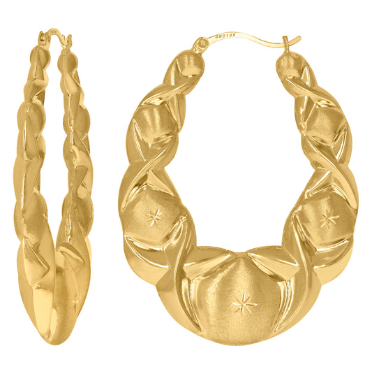 10K Yellow Gold Diamond Cut Brushed Womens Xo Hugs & Kisses 43mm Hinged Hoops Huggies