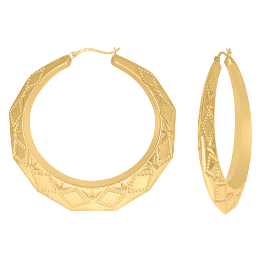 10K Yellow Gold Diamond Cut Womens Embossed Hinged Hoops Huggies