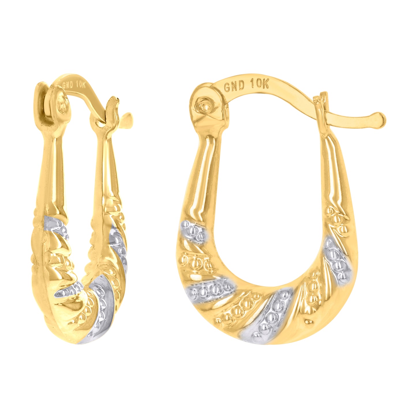 10K Gold Two-Tone Womens Shrimp 13mm X19mm Hinged Hoops Huggies