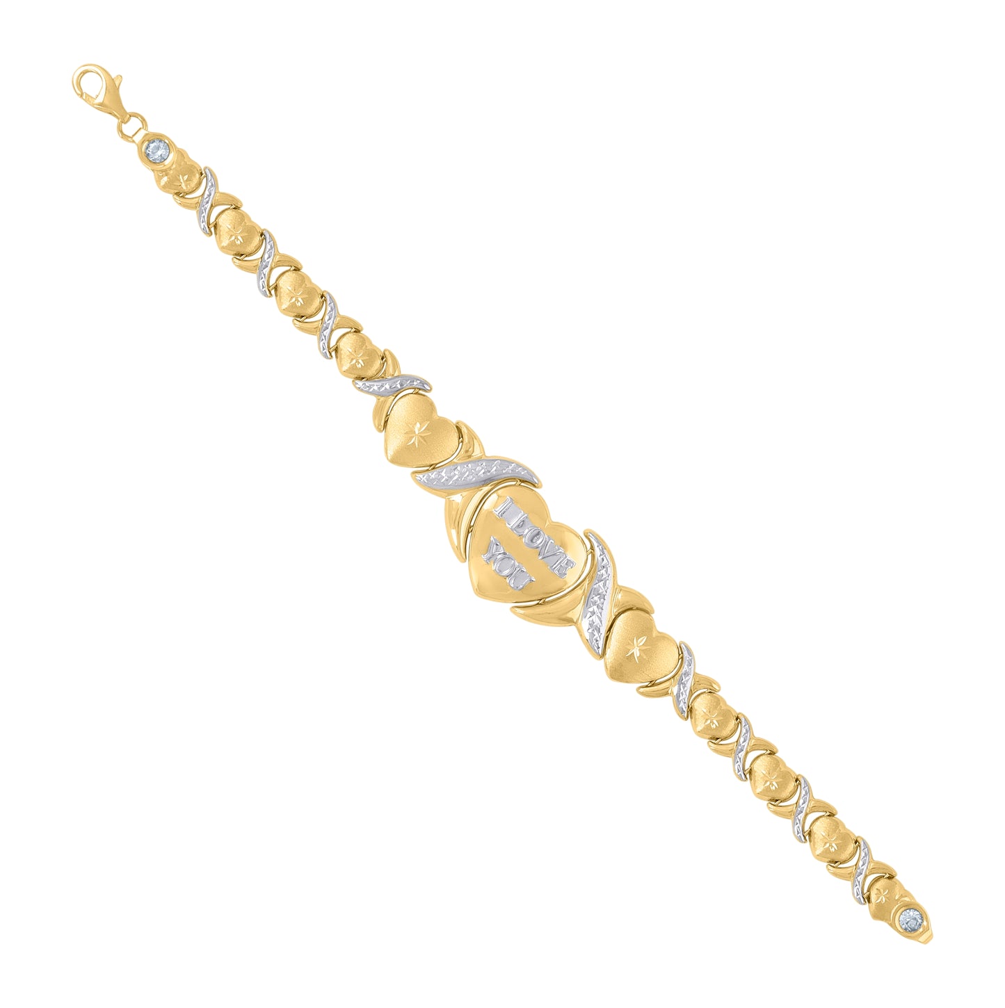10K Two-tone Gold Womens I LOVE YOU Heart Link 7" Bracelet
