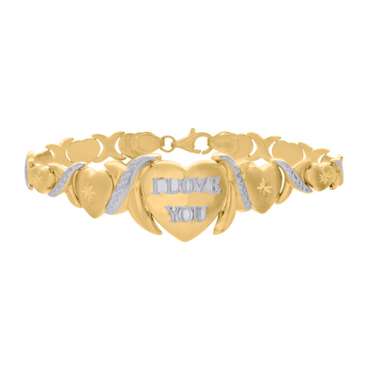 10K Two-tone Gold Womens I LOVE YOU Heart Link 7" Bracelet